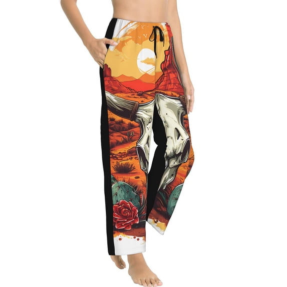 Goofa Western Desert Cactus Ram Skull Printed Soft Pajama Pants for Women, Wide Leg Comfy Casual Lounge Yoga Pants-Medium