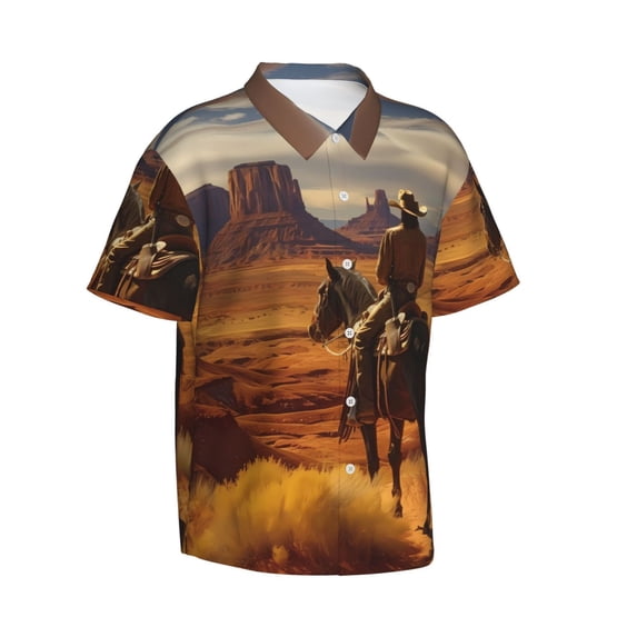 Goofa Western Desert Cowboy Cloud Hawaiian Shirt for Men, Unisex Summer Beach Casual Short Sleeve Button Down Shirts,Aloha Tropical Floral print shirt-Medium