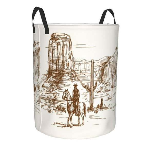 Goofa Western Desert Cowboys Printed Circular Hamper,Laundry Basket with Handles,Storage Baskets Foldable,Large Capacity Laundry Hamper-