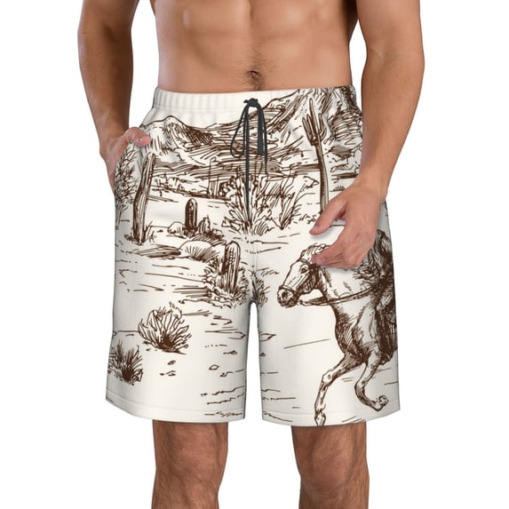 Goofa Western Desert Cowboys3 Printed Mens Swim Trunks Summer Quick Dry Short Beach Swimwear Bathing Suits-Large