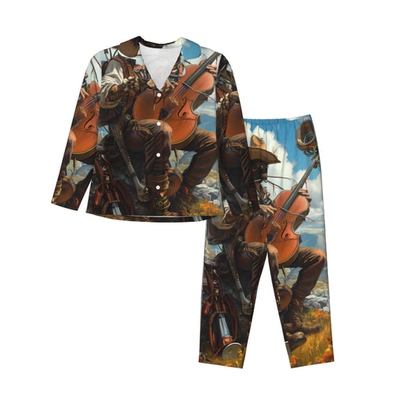 Goofa Western Guitar Cowboy Printed Women’s 2 Piece Pajama Set Super,Pajamas Women's Long Sleeve Sleepwear Soft Button Down Loungewear Pjs Lounge Set Nightwear-Large