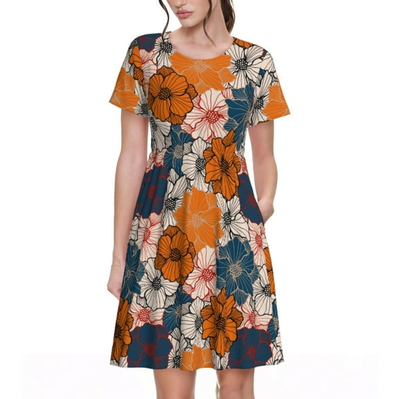 Goofa Whimsical peony blossom Pattern Women Summer Short Sleeve Midi Dress with Pockets Casual Aline Flowy Tshirt Dress Vocation Beach Sundress