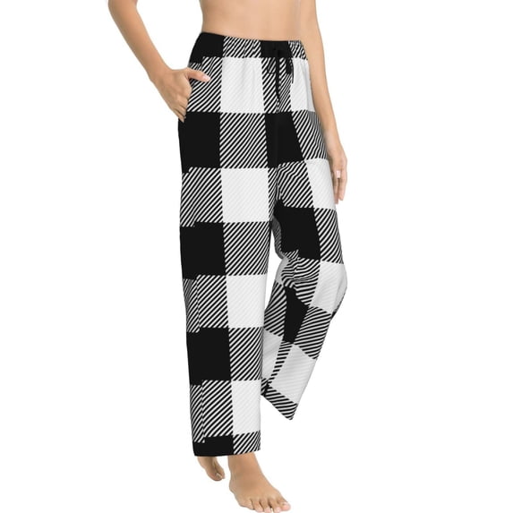 Goofa White And Black Plaid Printed Soft Pajama Pants for Women, Wide Leg Comfy Casual Lounge Yoga Pants-