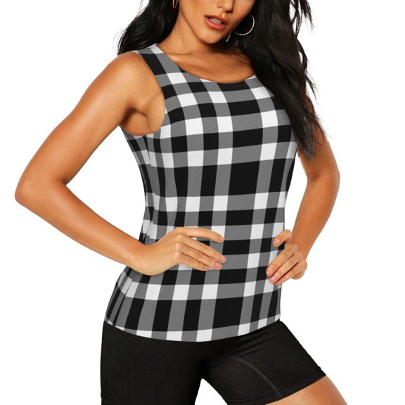 Goofa White And Black Plaid Printed Womens Workout Tops for Women Sleeveless Yoga Shirts Athletic Running Tank Tops Sleeveless Gym Clothes Workout Apparel-Large