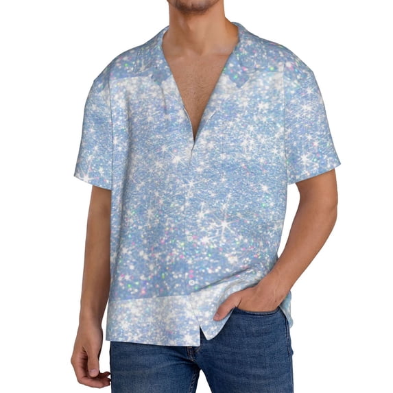 Goofa White Bule Glitter Printed Men's Casual Short-sleeved Shirt,Lightweight Breathable Button-down,Summer Casual men's top,Versatile Fashion shirt-Large