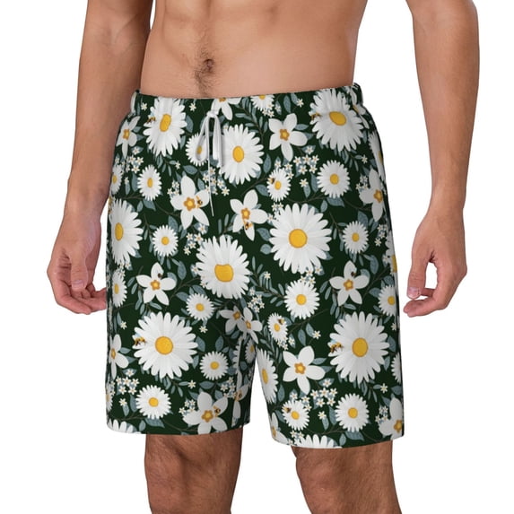 Goofa White Daisies and Bee Printed Men's Swim Trunks Board Shorts Quick Dry Mens Swimming Trunks with Compression Liner,Breathable Fit Hawaii Beach Shorts-Small