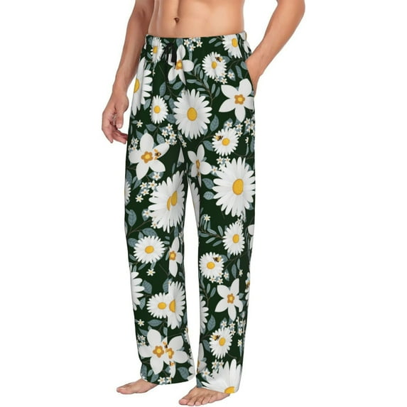 Goofa White Daisies and Bee Printed Soft Pajama Pants for Men, Wide Leg Comfy Casual Lounge Yoga Pants-X-Large