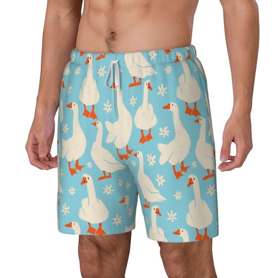 Goofa White Geese and Flower Printed Men's Swim Trunks Board Shorts Quick Dry Mens Swimming Trunks with Compression Liner,Breathable Fit Hawaii Beach Shorts-Small