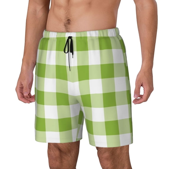 Goofa White Green Plaid Printed Men's Swim Trunks Board Shorts Quick Dry Mens Swimming Trunks with Compression Liner,Breathable Fit Hawaii Beach Shorts-Large