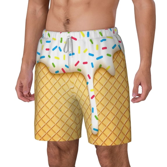 Goofa White Ice Cream Printed Men's Swim Trunks Board Shorts Quick Dry Mens Swimming Trunks with Compression Liner,Breathable Fit Hawaii Beach Shorts-Small