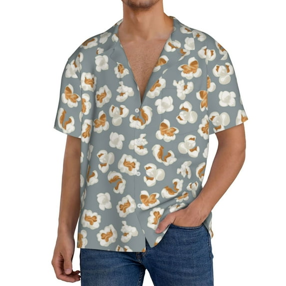 Goofa White Popcorn Printed Men's Casual Short-sleeved Shirt,Lightweight Breathable Button-down,Summer Casual men's top,Versatile Fashion shirt-Large