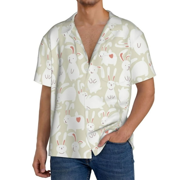 Goofa White Rabbit Printed Men's Casual Short-sleeved Shirt,Lightweight Breathable Button-down,Summer Casual men's top,Versatile Fashion shirt-
