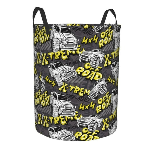 Goofa White Retro Off-Road Vehicle Printed Circular Hamper,Laundry Basket with Handles,Storage Baskets Foldable,Large Capacity Laundry Hamper-Medium
