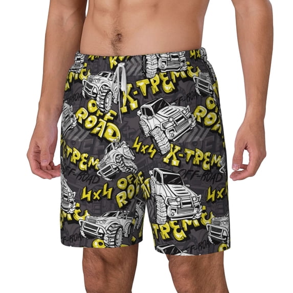 Goofa White Retro Off-Road Vehicle Printed Men's Swim Trunks Board Shorts Quick Dry Mens Swimming Trunks with Compression Liner,Breathable Fit Hawaii Beach Shorts-Medium