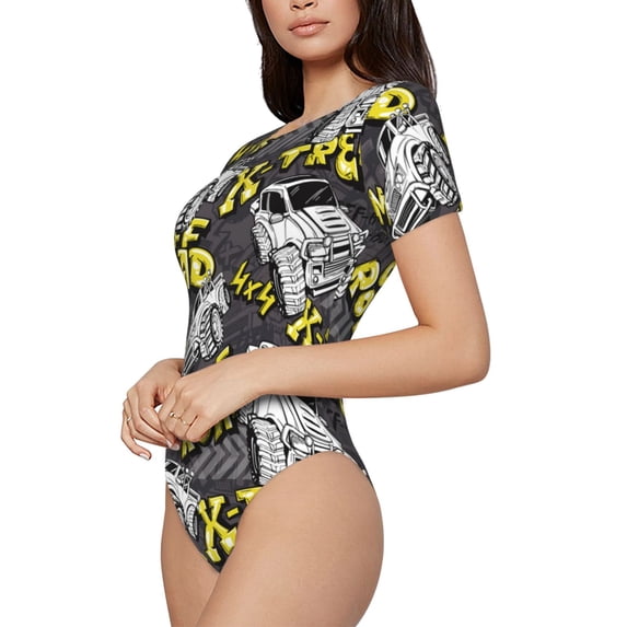 Goofa White Retro Off-Road Vehicle Printed Women Rash Guard Short Sleeve,Tummy control Swimsuit Surfing Swimsuit Bathing Suit One Piece Swimsuit UPF 50-XX-Large