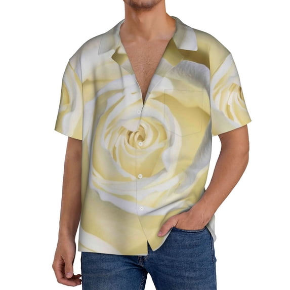 Goofa White Rose Printed Men's Casual Short-sleeved Shirt,Lightweight Breathable Button-down,Summer Casual men's top,Versatile Fashion shirt-