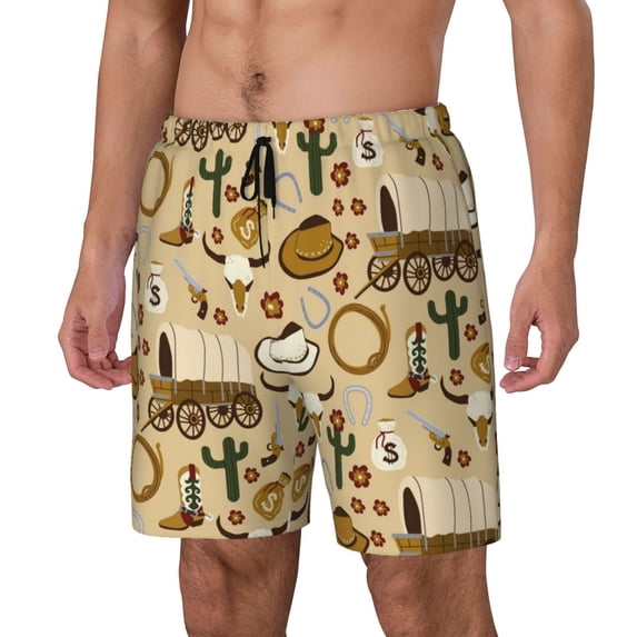 Goofa Wild West Cowboy Printed Men's Swim Trunks Board Shorts Quick Dry Mens Swimming Trunks with Compression Liner,Breathable Fit Hawaii Beach Shorts-Small