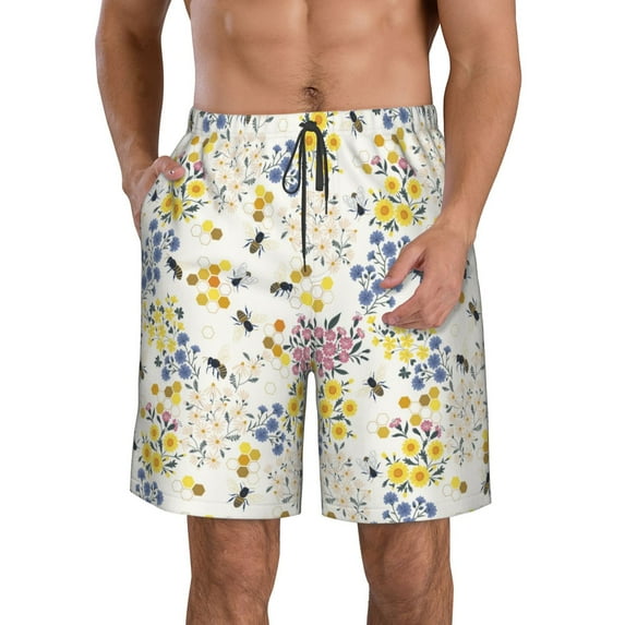 Goofa Wildflower Honeybee Printed Mens Swim Trunks Summer Quick Dry Short Beach Swimwear Bathing Suits-3X-Large