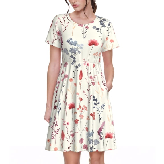 Goofa Wildflower Watercolor 3 Pattern Women Summer Short Sleeve Midi Dress with Pockets Casual Aline Flowy Tshirt Dress Vocation Beach Sundress