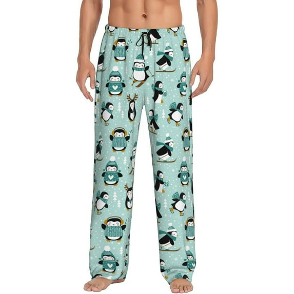 Goofa Winter Skiing Penguin Pattern Printed Soft Pajama Pants for Men, Wide Leg Comfy Casual Lounge Yoga Pants-Small