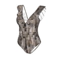 thumbnail image 1 of Goofa Wooden Texture Print Women's Ruffled One Piece Swimsuit V Neck, 1 of 7