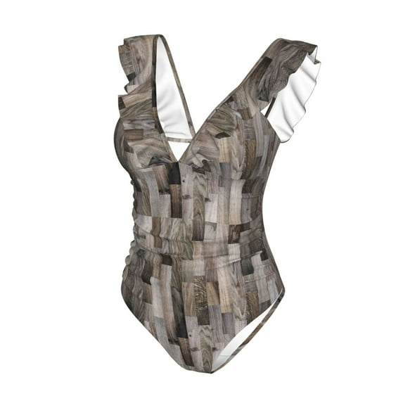Goofa Wooden Texture Print Women's Ruffled One Piece Swimsuit V Neck