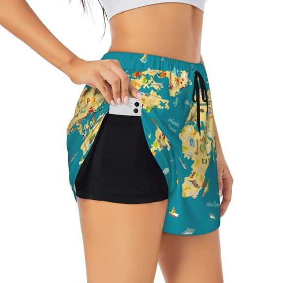 Goofa World Map With Landmarks Printed Women 2 in 1 Running Shorts,Quick Dry Athletic Workout Shorts,High Waisted Athletic Shorts with Liner Pockets-X-Large