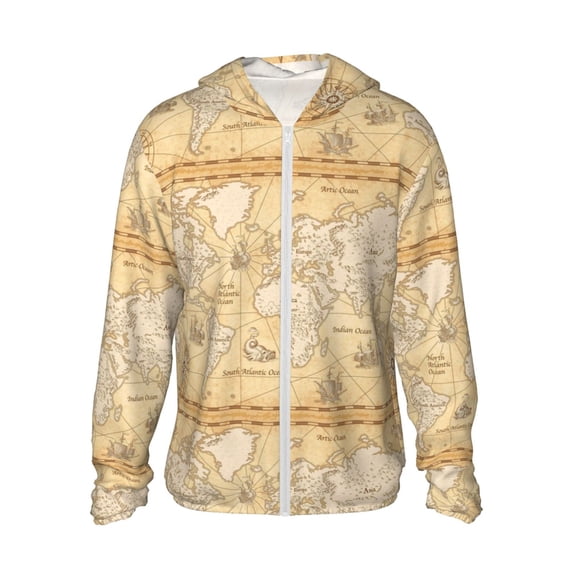Goofa World Map Printed Women's UPF 50+ Sun Protection Hoodie Jacket Lightweight Long Sleeve Sun Shirt for Women with Pocket Hiking Outdoor-X-Large
