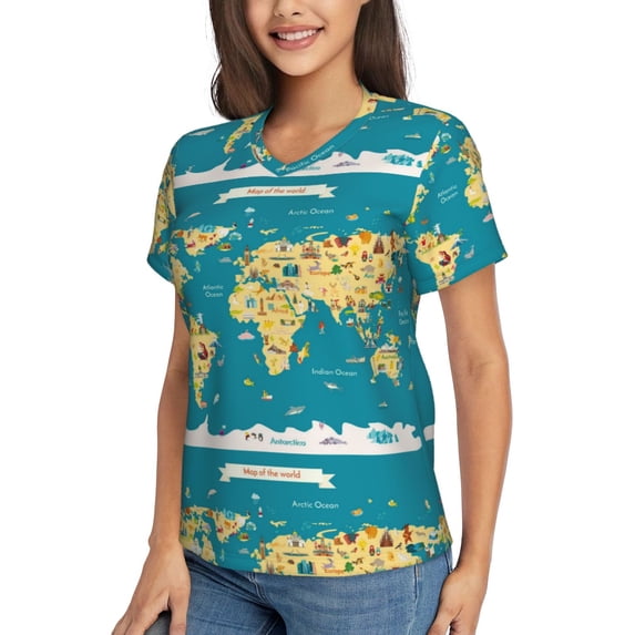 Goofa World Map With Landmarks Pattern Women's Slim-Fit Short-Sleeve V-Neck T-Shirt,Classic-Fit Short-Sleeve V-Neck T-Shirt-3X-Large