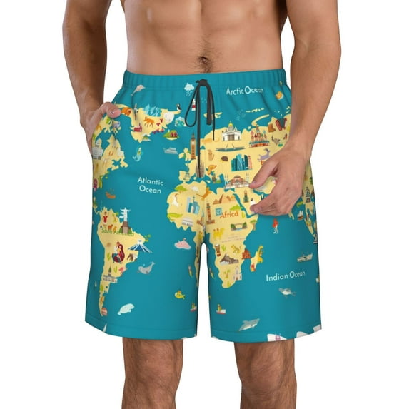 Goofa World Map With Landmarks Printed Mens Swim Trunks Summer Quick Dry Short Beach Swimwear Bathing Suits-Medium