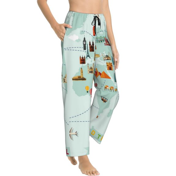Goofa World Travel Map Printed Soft Pajama Pants for Women, Wide Leg Comfy Casual Lounge Yoga Pants-Small