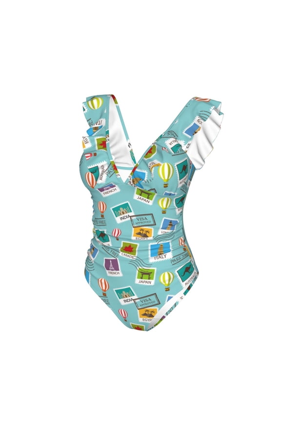 World Travel1 Print Women's Ruffled One Piece Swimsuit V Neck