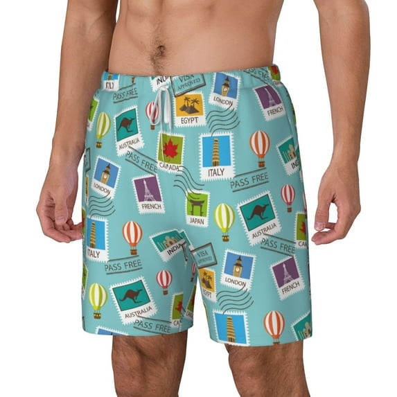 Goofa World Travel1 Printed Men's Swim Trunks Board Shorts Quick Dry Mens Swimming Trunks with Compression Liner,Breathable Fit Hawaii Beach Shorts-XX-Large