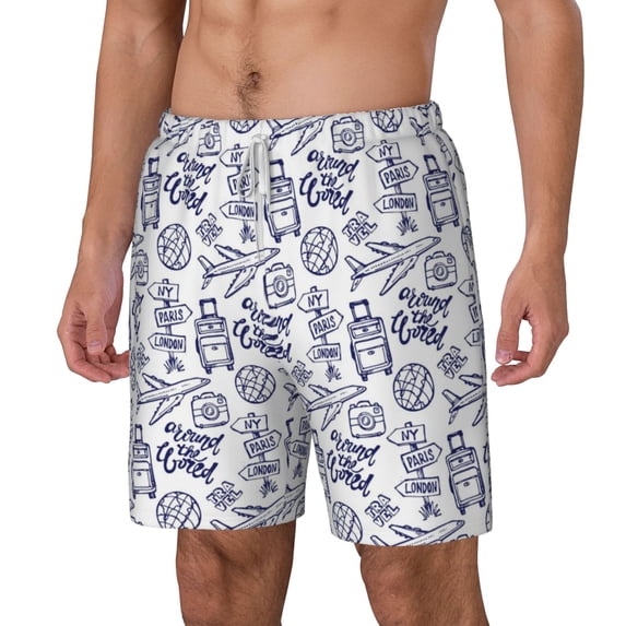 Goofa World Travel2 Printed Men's Swim Trunks Board Shorts Quick Dry Mens Swimming Trunks with Compression Liner,Breathable Fit Hawaii Beach Shorts-Small