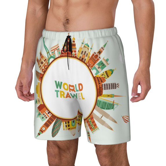 Goofa World Travel3 Printed Men's Swim Trunks Board Shorts Quick Dry Mens Swimming Trunks with Compression Liner,Breathable Fit Hawaii Beach Shorts-Large