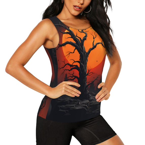 Goofa Yellow Castle Sunset Tree Printed Womens Workout Tops for Women Sleeveless Yoga Shirts Athletic Running Tank Tops Sleeveless Gym Clothes Workout Apparel-Medium