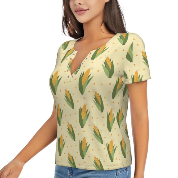 Goofa Yellow Corn Pattern Womens Deep V Neck Low Cut Tops Casual Summer Short Sleeve Ribbed Knit T-Shirts-Small