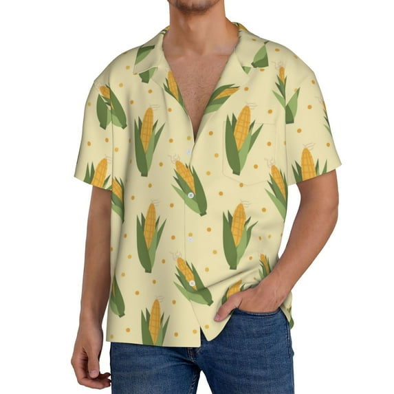 Goofa Yellow Corn Printed Men's Casual Short-sleeved Shirt,Lightweight Breathable Button-down,Summer Casual men's top,Versatile Fashion shirt-Small