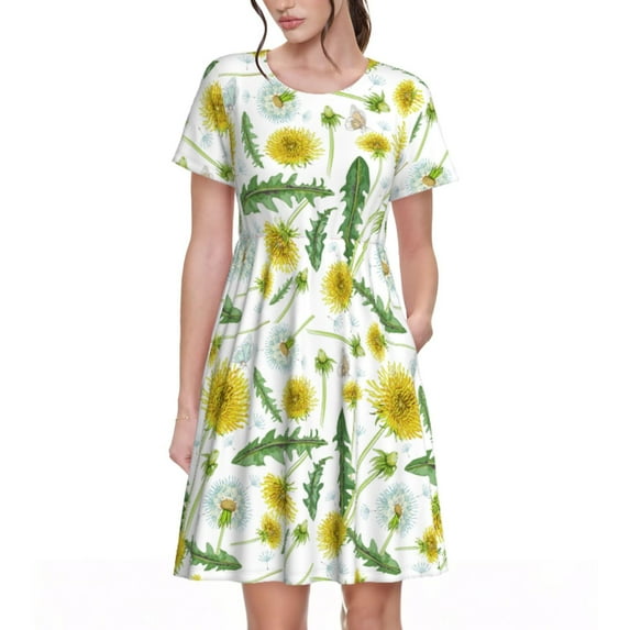 Goofa Yellow Dandelions Pattern Women Summer Short Sleeve Midi Dress with Pockets Casual Aline Flowy Tshirt Dress Vocation Beach Sundress