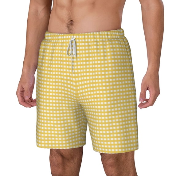 Goofa Yellow Gingham Printed Men's Swim Trunks Board Shorts Quick Dry Mens Swimming Trunks with Compression Liner,Breathable Fit Hawaii Beach Shorts-X-Large