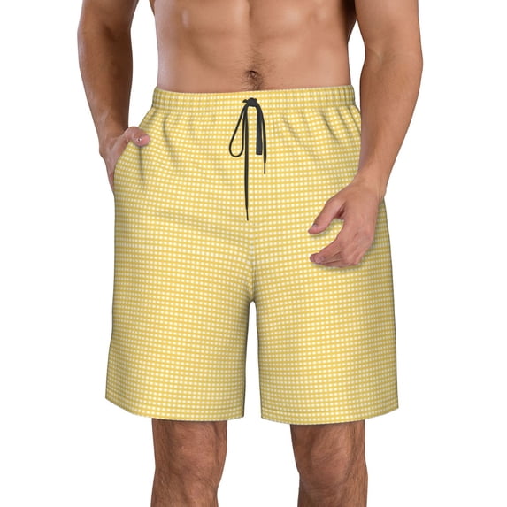 Goofa Yellow Gingham Printed Mens Swim Trunks Summer Quick Dry Short Beach Swimwear Bathing Suits-Large