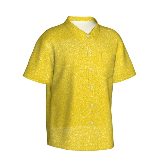 Goofa Yellow Glitter Hawaiian Shirt for Men, Unisex Summer Beach Casual Short Sleeve Button Down Shirts,Aloha Tropical Floral print shirt-Small