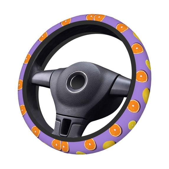Goofa Yellow Lemon And Orange Pattern Elastic Stretch Steering Wheel Cover,Universal 15 inch, Microfiber Breathable Ice Silk, Anti-Slip, Odorless, Easy Carry