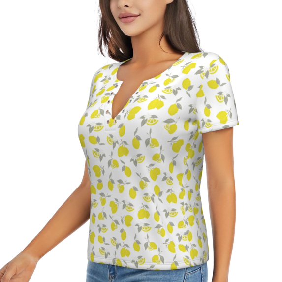 Goofa Yellow Lemon Leaves Pattern Womens Deep V Neck Low Cut Tops Casual Summer Short Sleeve Ribbed Knit T-Shirts-Medium