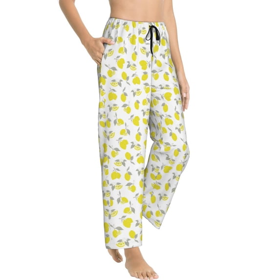 Goofa Yellow Lemon Leaves Printed Soft Pajama Pants for Women, Wide Leg Comfy Casual Lounge Yoga Pants-Large
