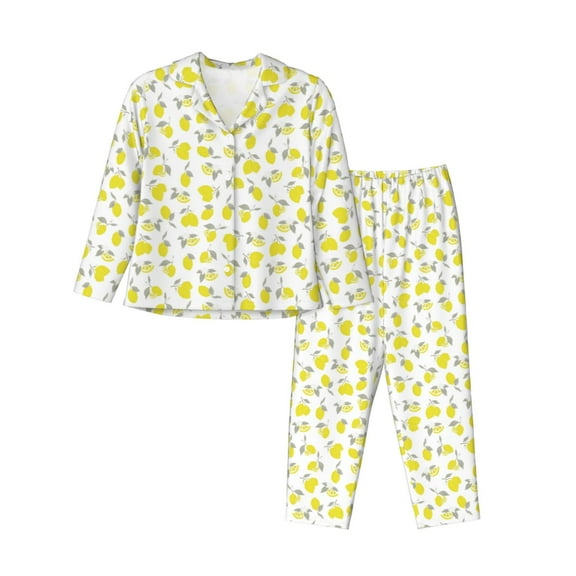 Goofa Yellow Lemon Leaves Printed Women’s 2 Piece Pajama Set Super,Pajamas Women's Long Sleeve Sleepwear Soft Button Down Loungewear Pjs Lounge Set Nightwear-Small