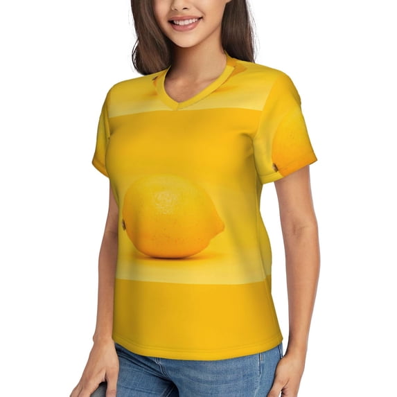 Goofa Yellow Lemon Pattern Women's Slim-Fit Short-Sleeve V-Neck T-Shirt,Classic-Fit Short-Sleeve V-Neck T-Shirt-3X-Large
