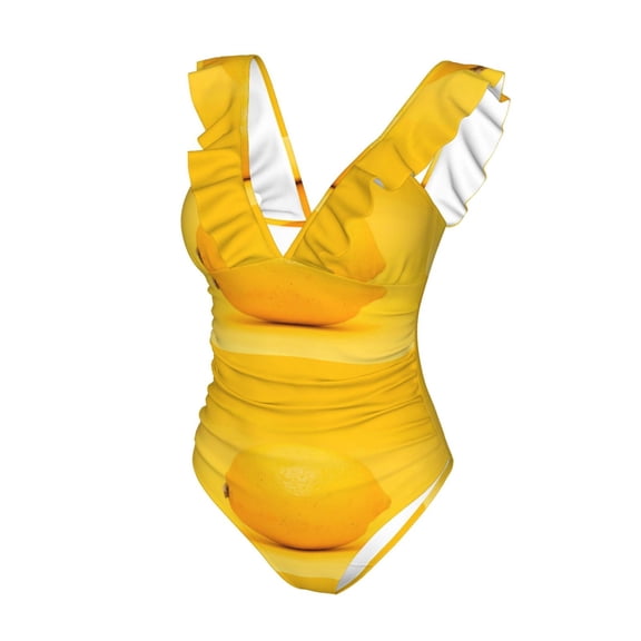 Goofa Yellow Lemon Print Women's Ruffled One Piece Swimsuit V Neck