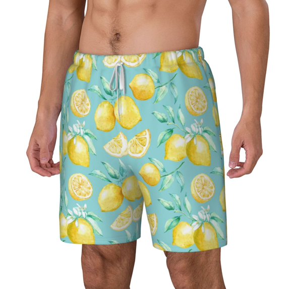 Goofa Yellow Lemon Printed Men's Swim Trunks Board Shorts Quick Dry Mens Swimming Trunks with Compression Liner,Breathable Fit Hawaii Beach Shorts-Large