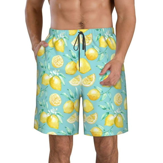 Goofa Yellow Lemon Printed Mens Swim Trunks Summer Quick Dry Short Beach Swimwear Bathing Suits-